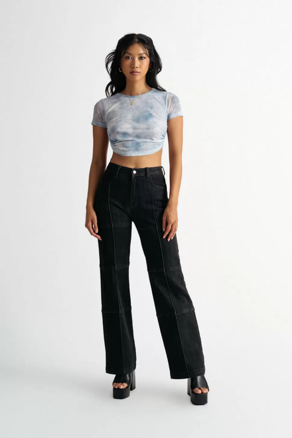 Mesh Tops*Tobi Feels Like Paradise Tie-Dye Mesh Waist Tie Crop Top Blue