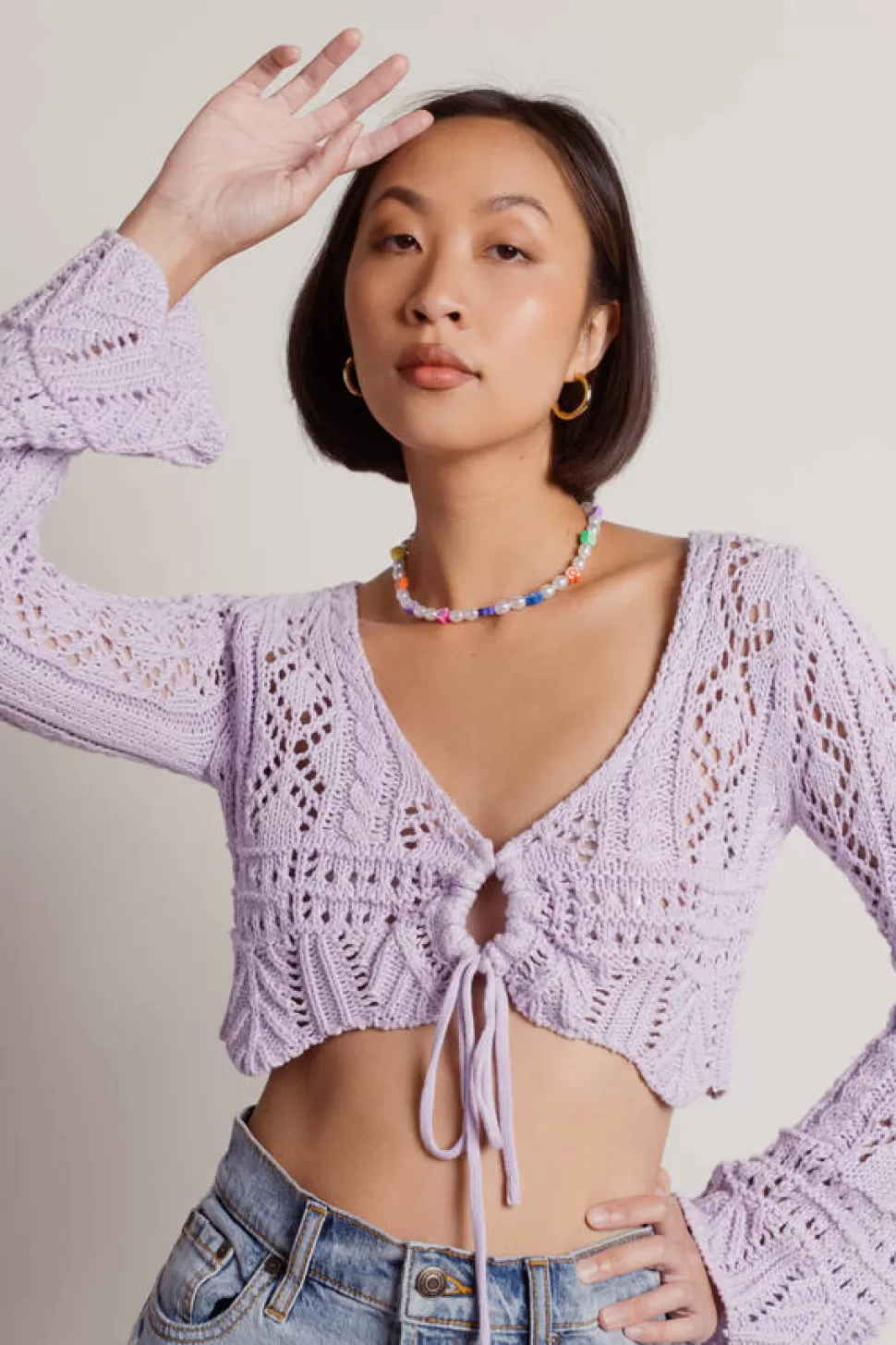 Sexy Tops*Tobi Festive Minds Crochet Long Sleeve Crop Top Lavender