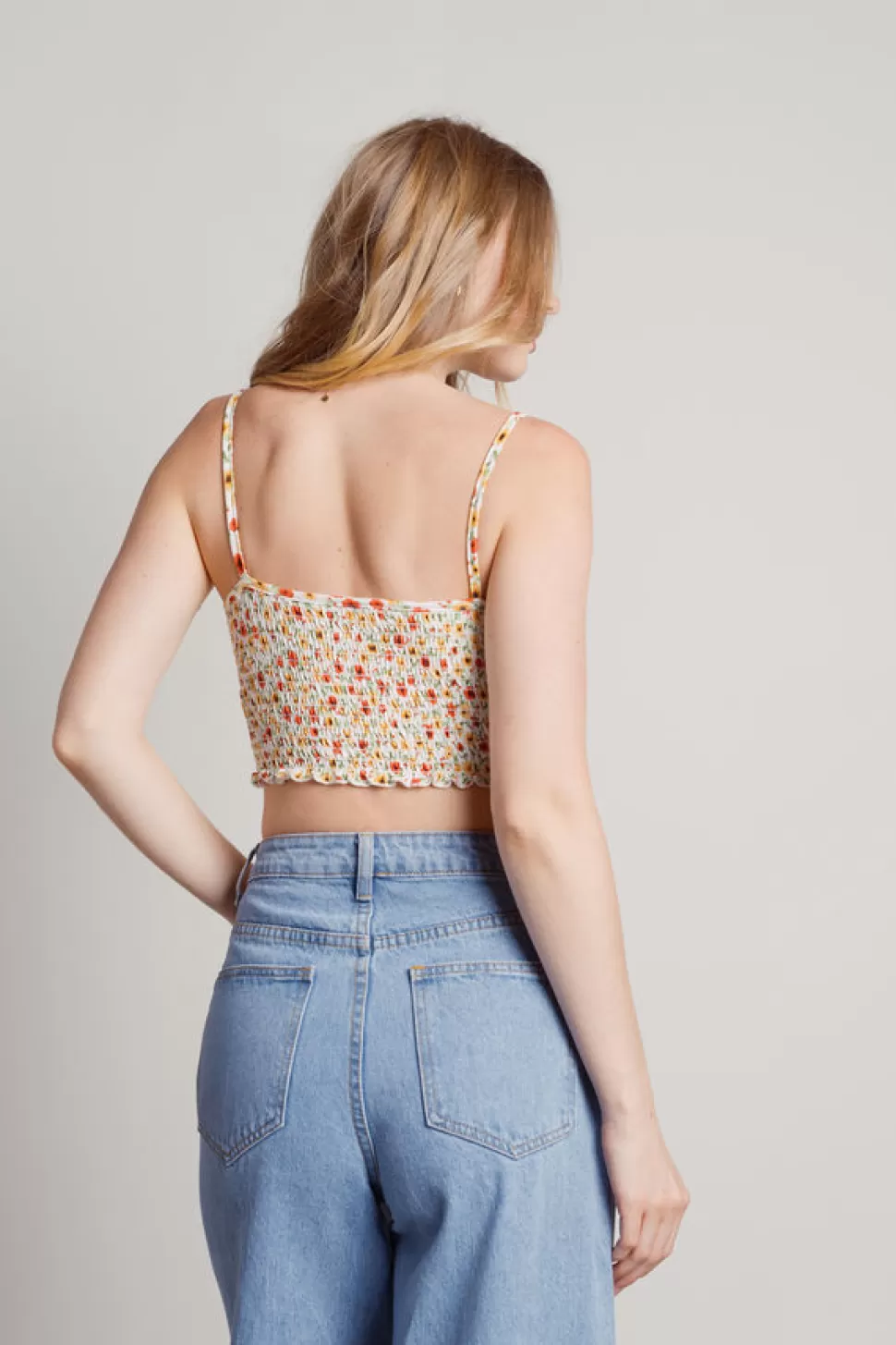 Crop Tops*Tobi Flower Power Floral Ruched Smocked Crop Top Ivory | Sage