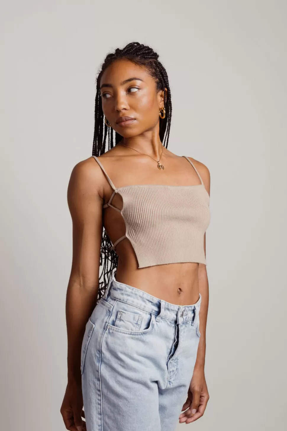 Crop Tops*Tobi Fly Me Out Ribbed Open Back Crop Top Taupe