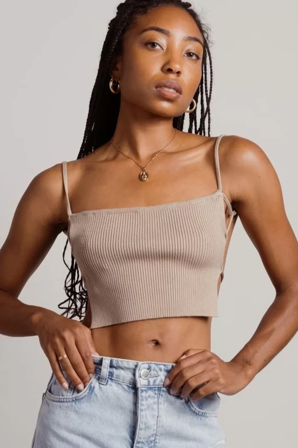 Crop Tops*Tobi Fly Me Out Ribbed Open Back Crop Top Taupe