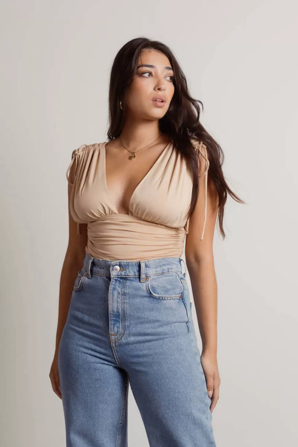 Going Out Tops*Tobi For One Night Ruched Satin Crop Top Beige