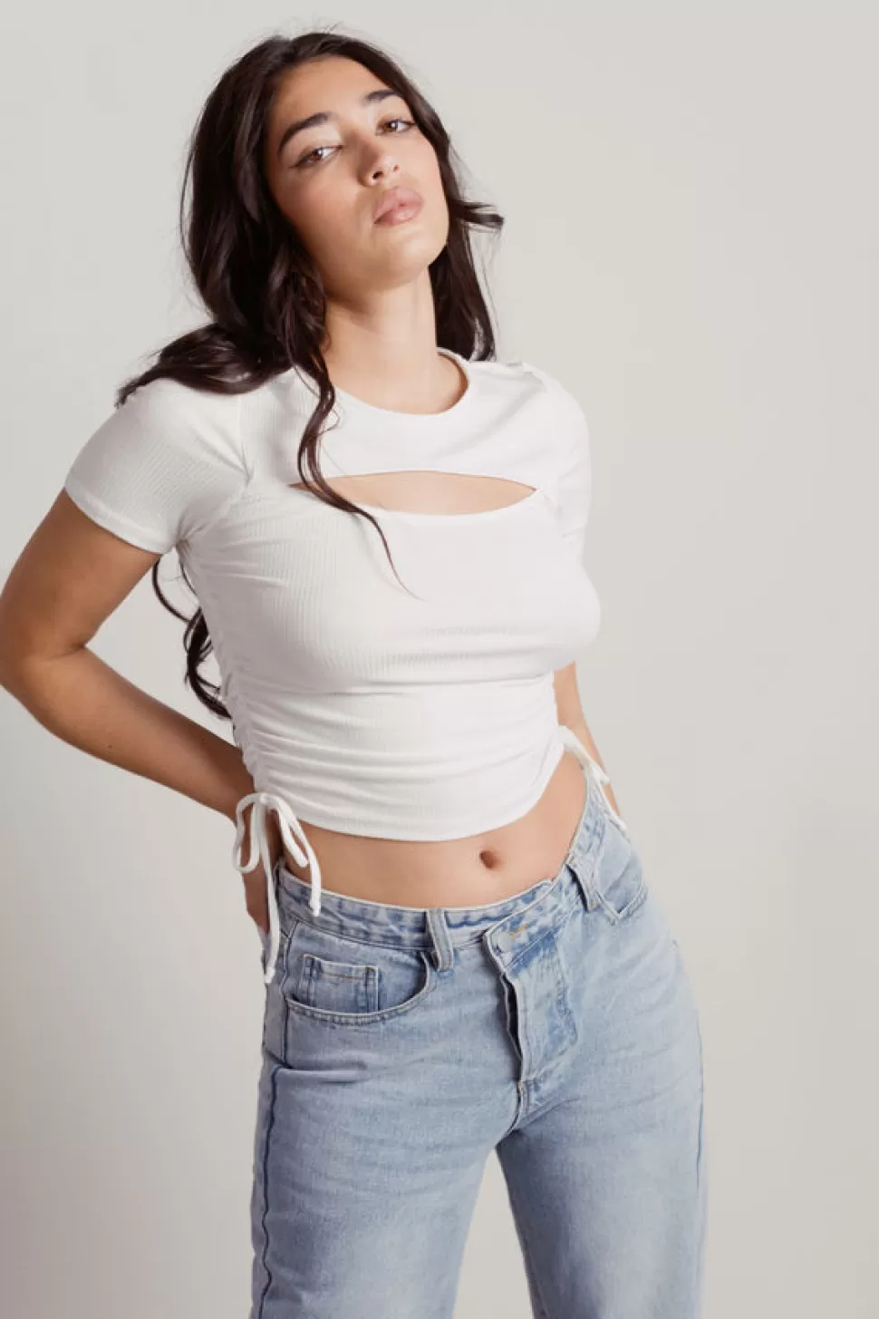 Crop Tops*Tobi Free Ticket Ribbed Cutout Ruched Side Crop Top Ivory