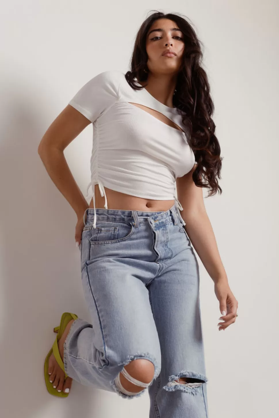 Crop Tops*Tobi Free Ticket Ribbed Cutout Ruched Side Crop Top Ivory