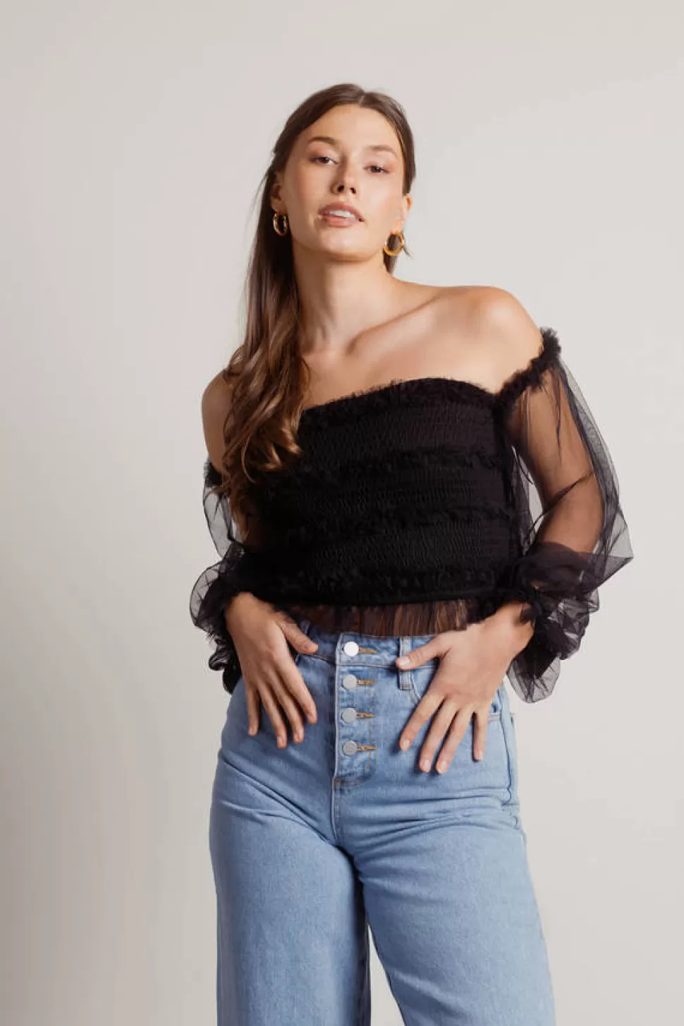 Puff Sleeve Tops*Tobi Funs & Frills Off Shoulder Tulle Smocked Crop Top Black