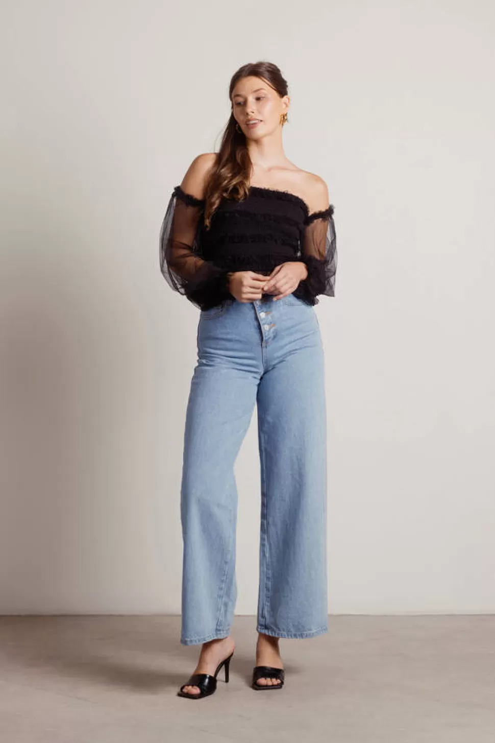 Puff Sleeve Tops*Tobi Funs & Frills Off Shoulder Tulle Smocked Crop Top Black