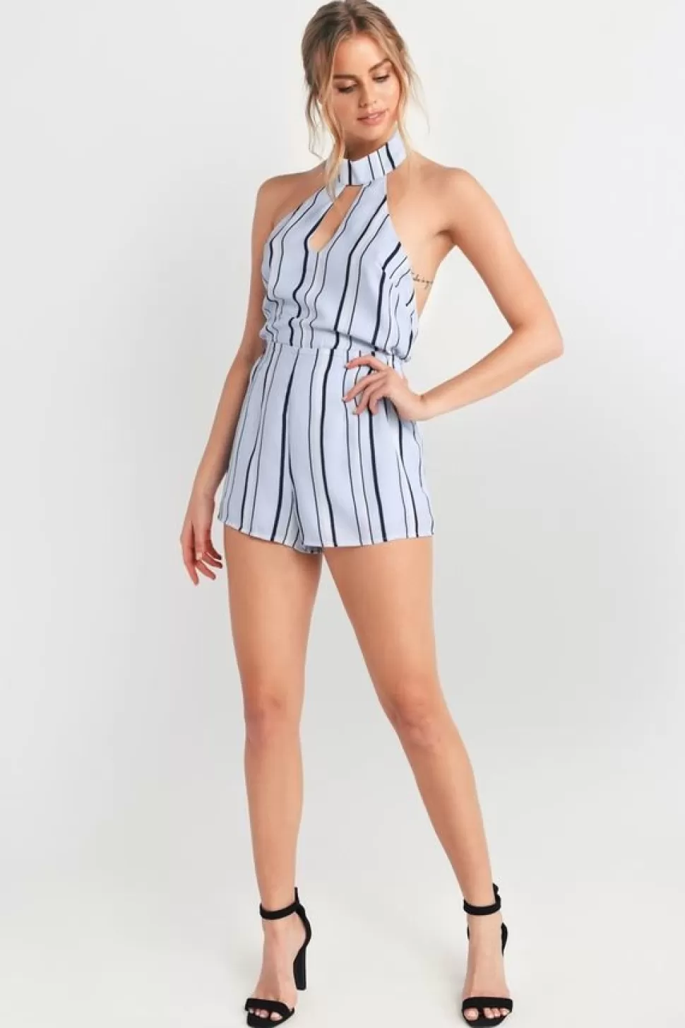 Rompers & Jumpsuits*Tobi Gabby Halter Striped Romper Light Blue