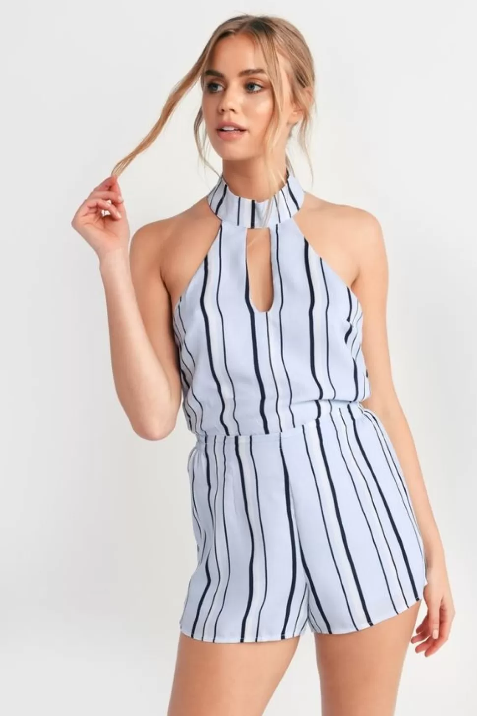 Rompers & Jumpsuits*Tobi Gabby Halter Striped Romper Light Blue