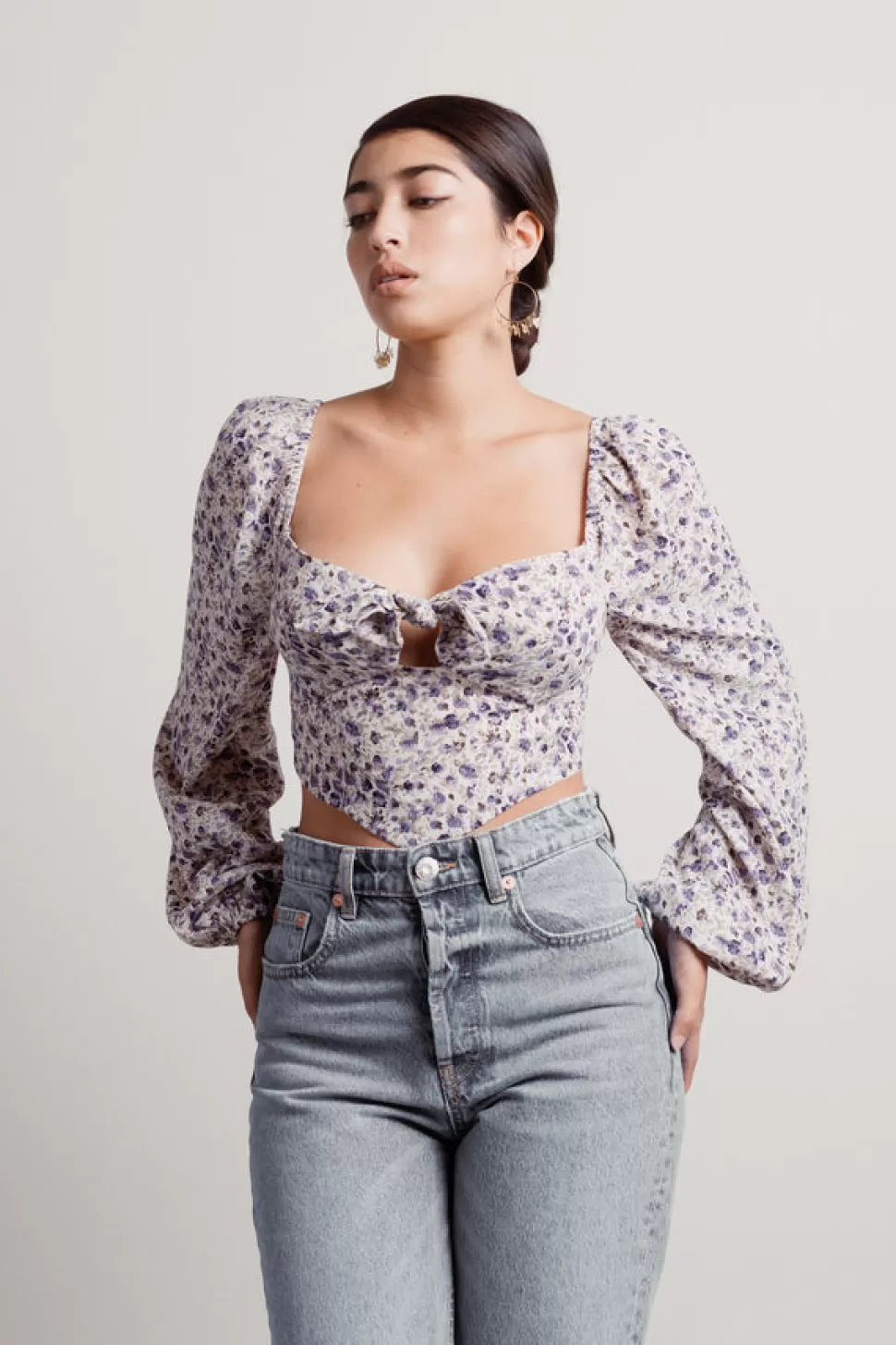 Long Sleeve Tops*Tobi Geranium Floral Tie-Front Long Sleeve V-Hem Crop Top Violet