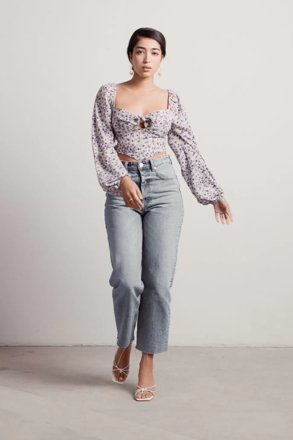 Long Sleeve Tops*Tobi Geranium Floral Tie-Front Long Sleeve V-Hem Crop Top Violet