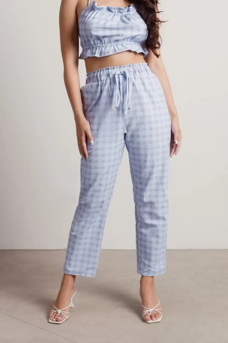 Pants*Tobi Get A Clue Plaid Elastic Waist Straight Leg Pants Blue