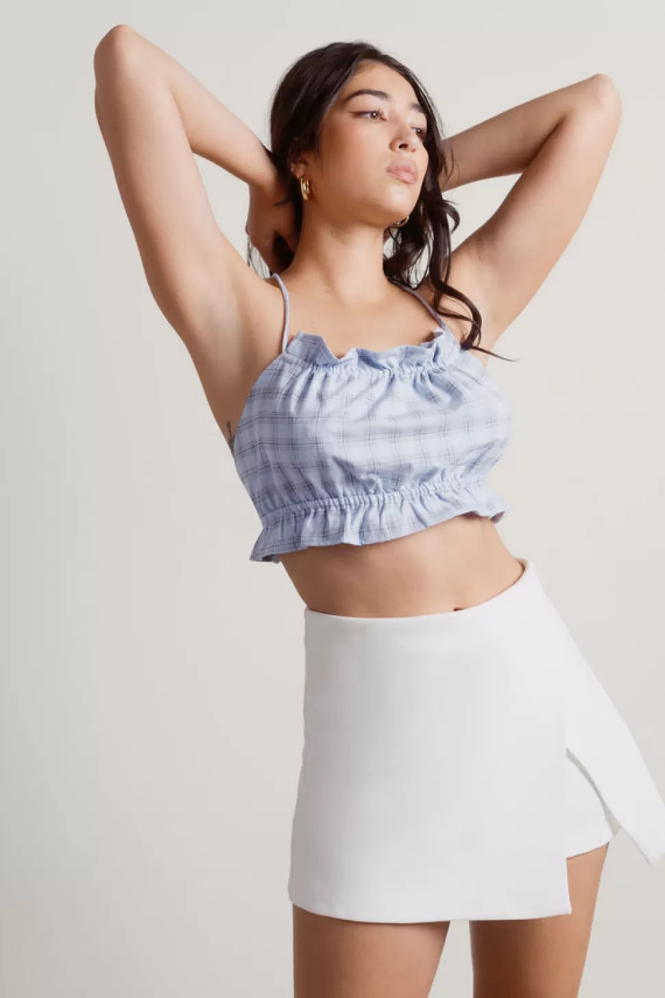 Crop Tops*Tobi Get A Clue Plaid Ruffle Cross Back Crop Top Blue