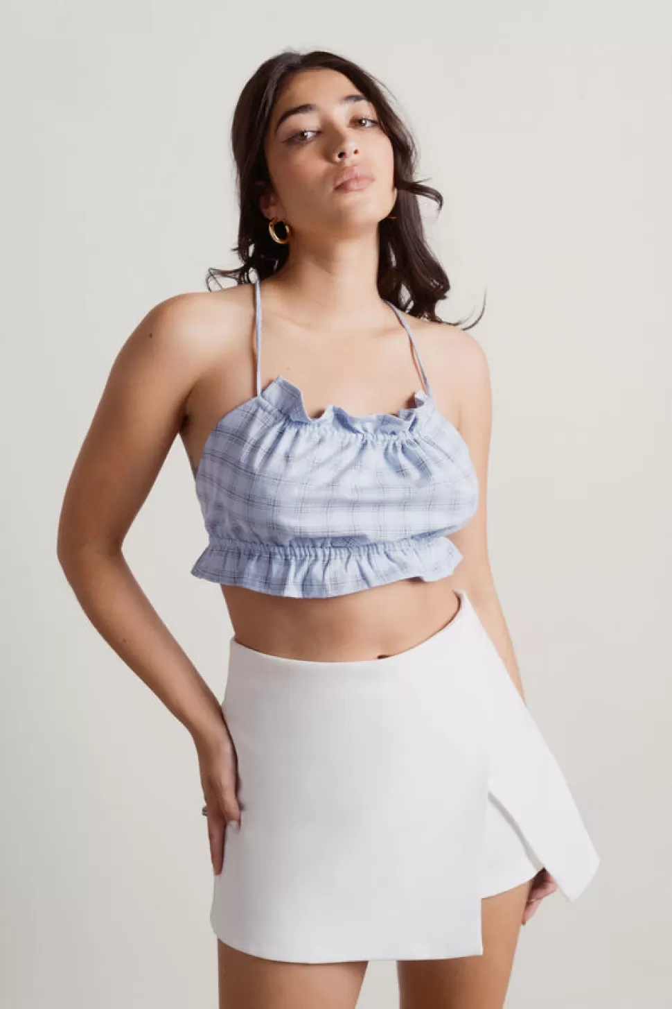 Crop Tops*Tobi Get A Clue Plaid Ruffle Cross Back Crop Top Blue