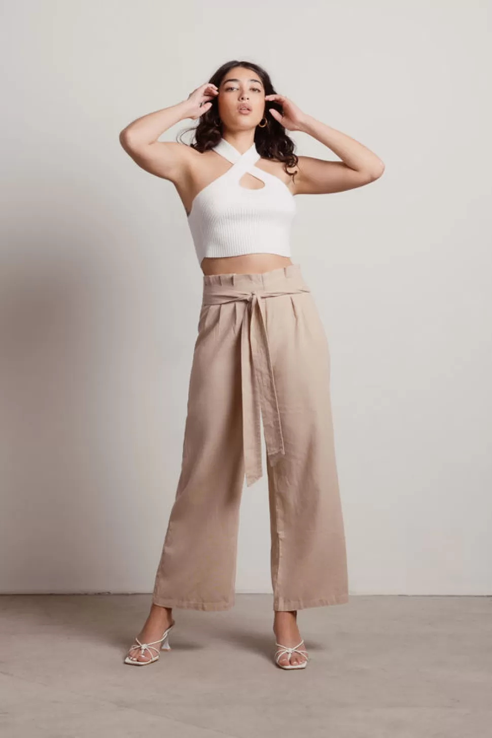 Pants*Tobi Get This Linen Paperbag Straight Leg Pants Beige