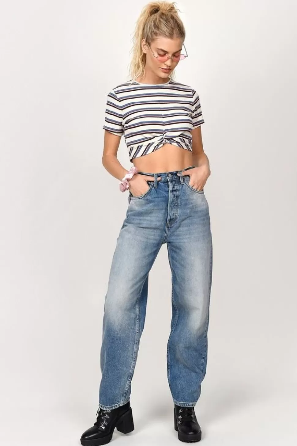 Tees*Tobi Get To You Striped Crop Tee White Multi