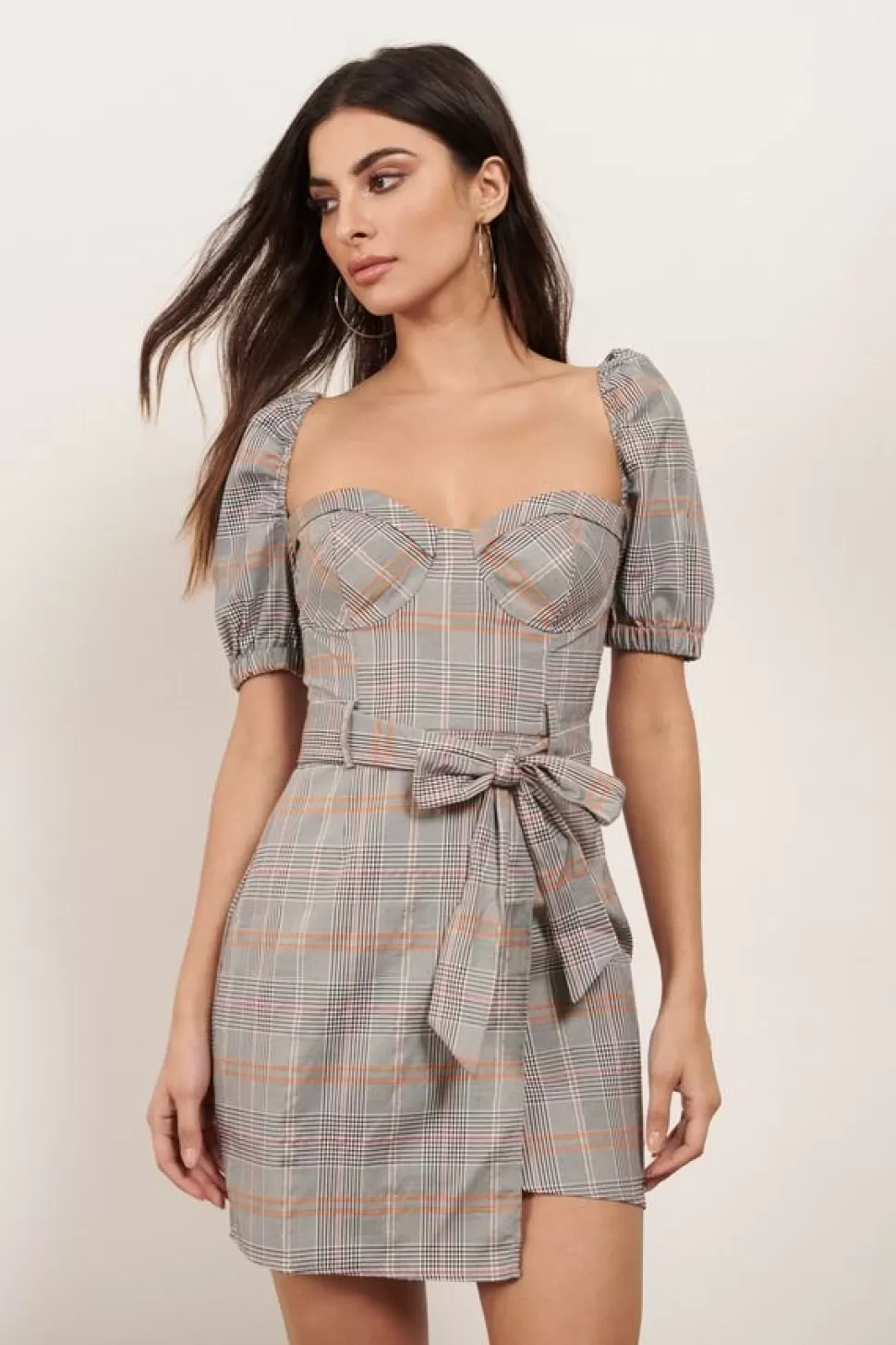 Corset Dresses*Tobi Gia Puff Sleeve Bustier Plaid Dress Grey Multi