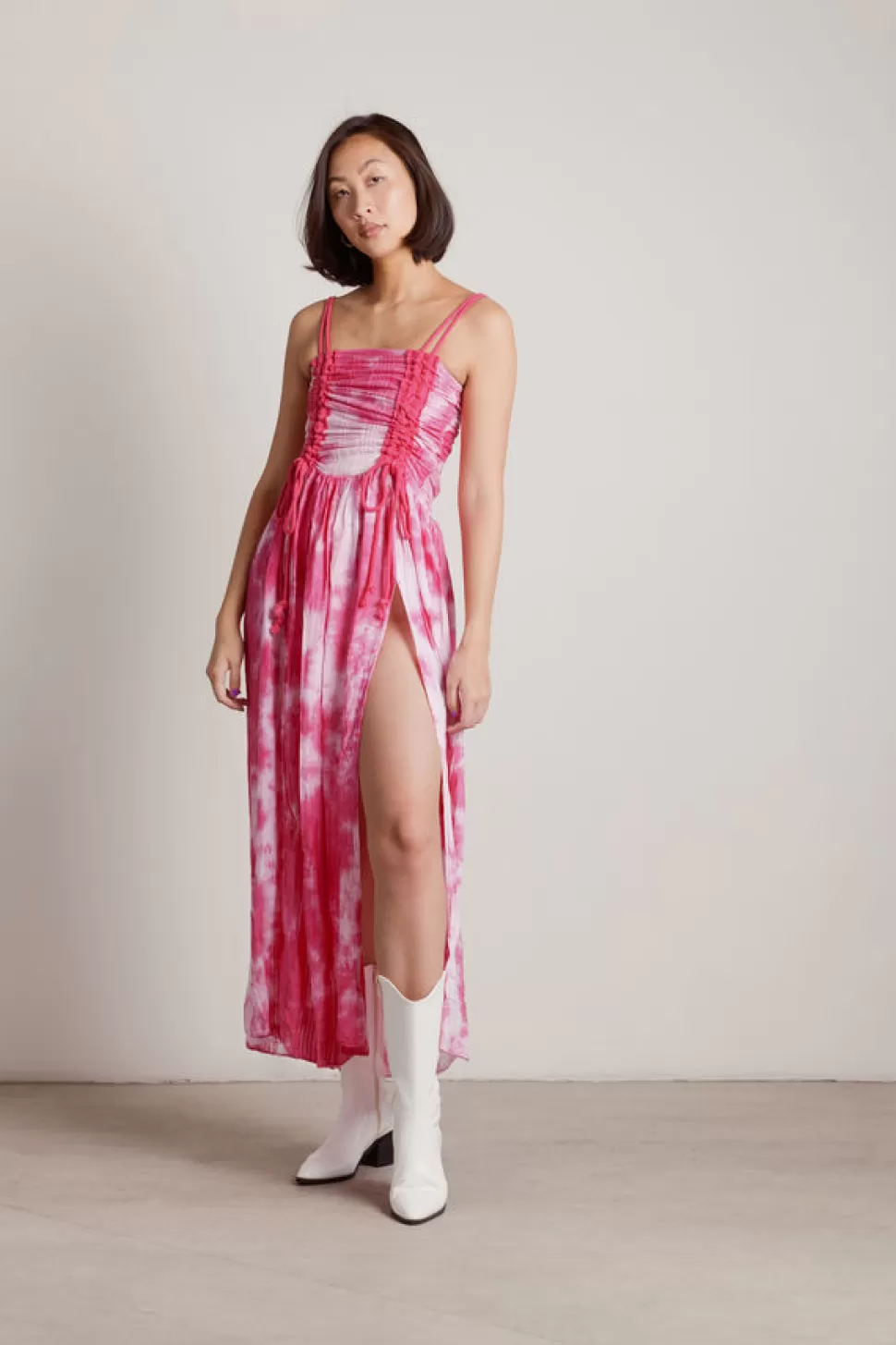 Sundresses*Tobi Give Me Attention Tie-Dye Ruched Slit Maxi Dress Hot Pink