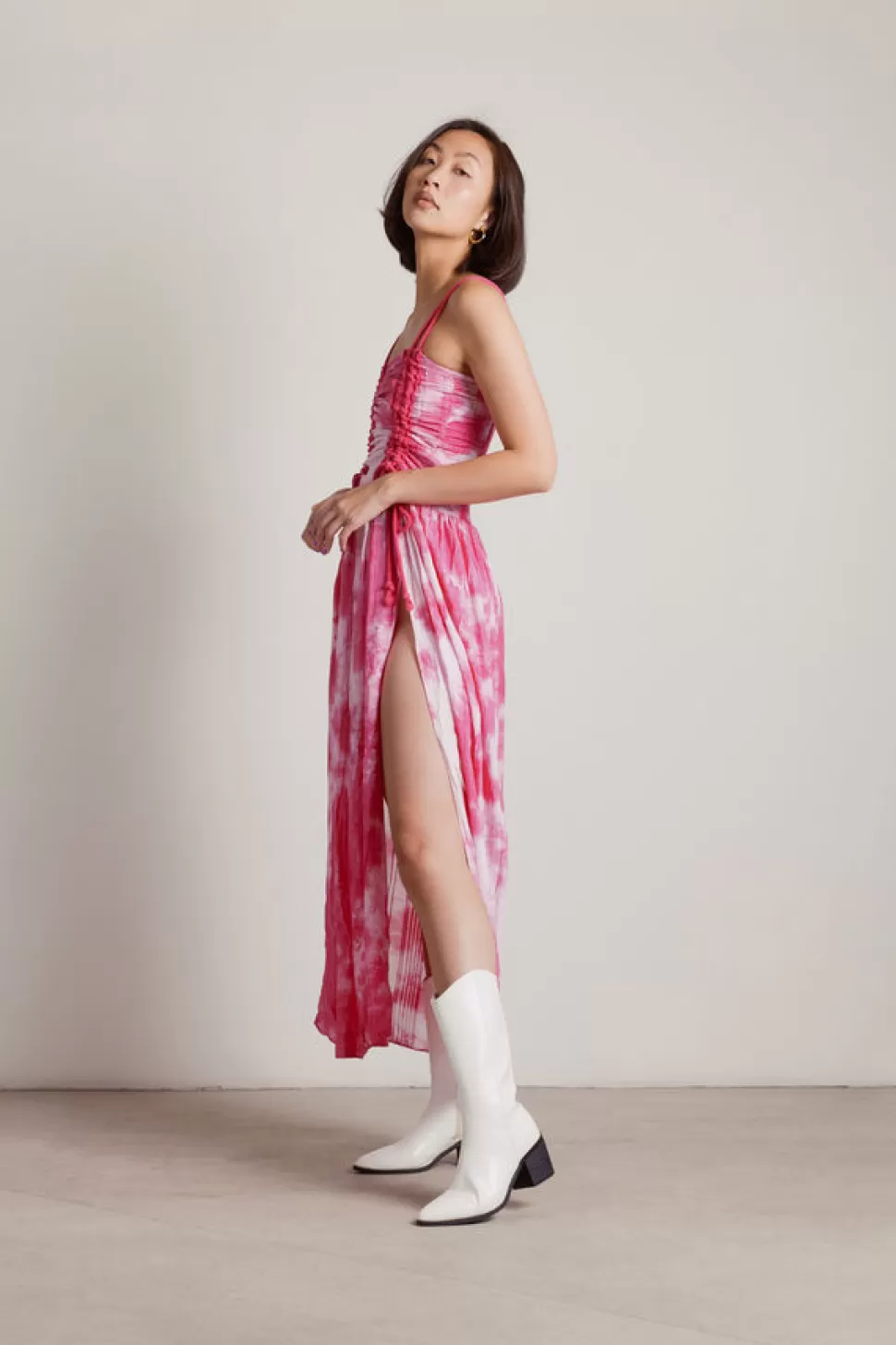 Sundresses*Tobi Give Me Attention Tie-Dye Ruched Slit Maxi Dress Hot Pink