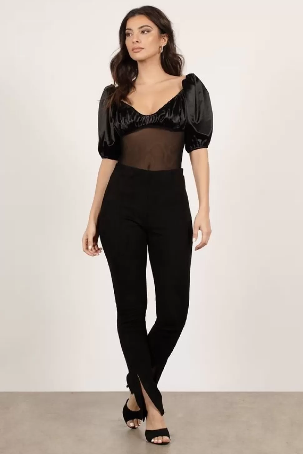 Puff Sleeve Tops*Tobi Go All Out Ruched Mesh Bodysuit Black