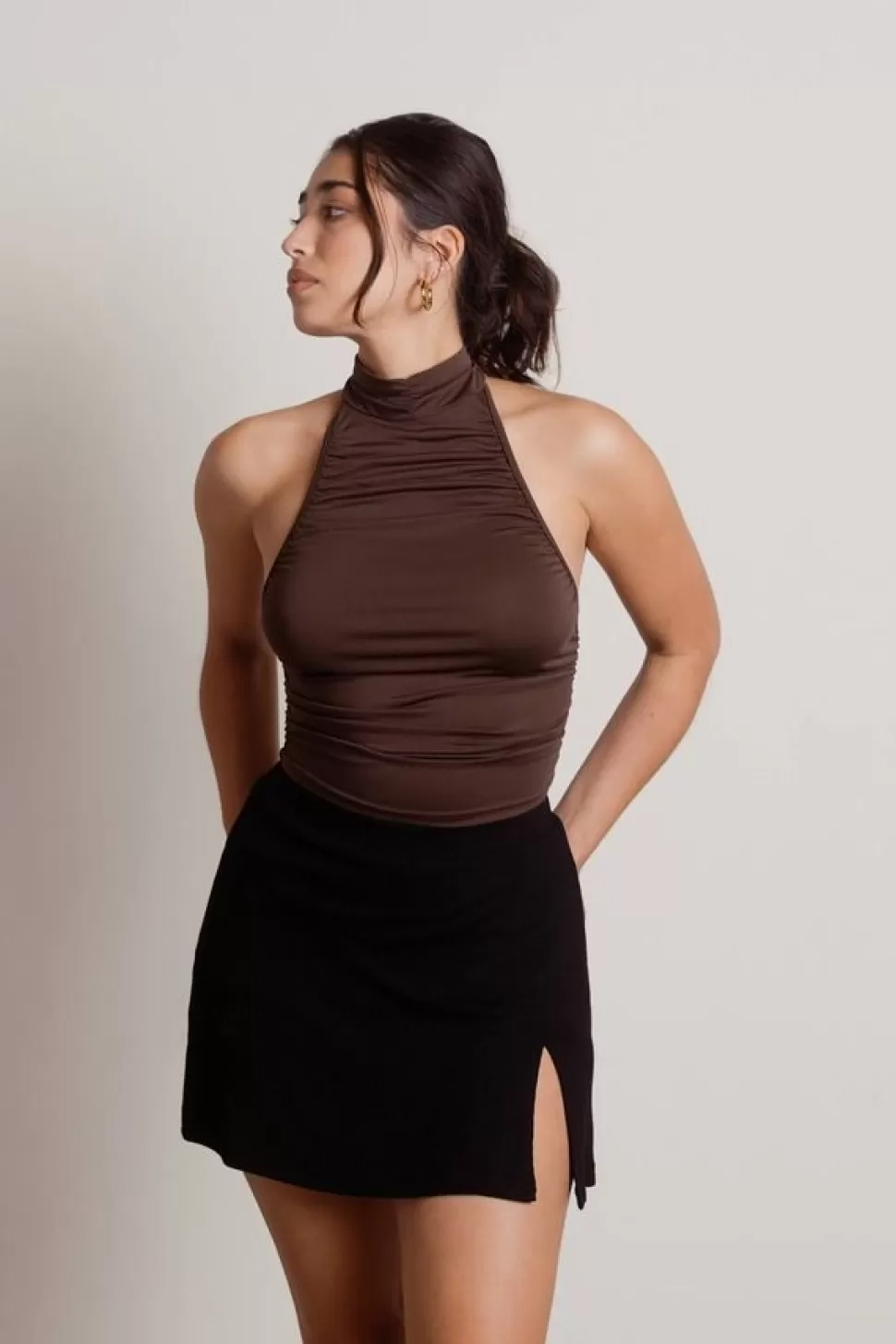 Going Out Tops*Tobi Grow Up Ruched Halter Crop Top Chocolate Brown