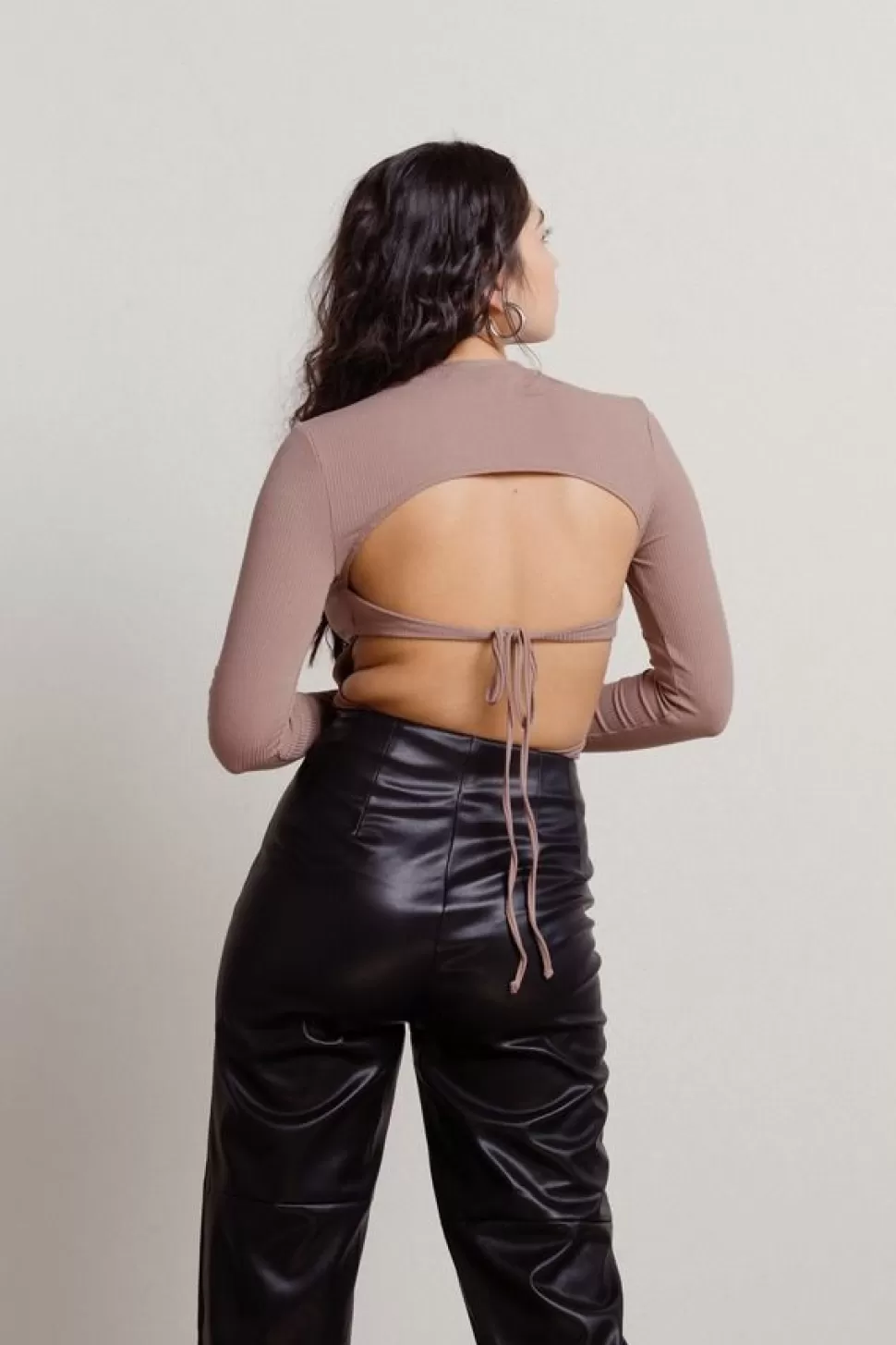 Backless Tops*Tobi Gude Open Back Tie Long Sleeve Bodysuit Brown