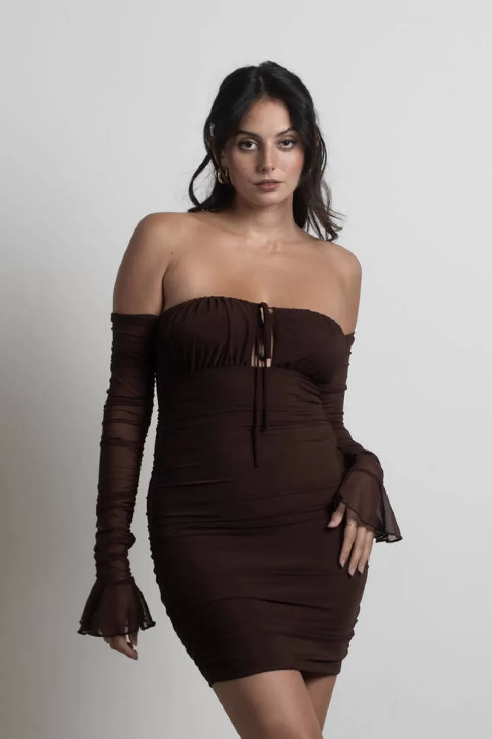 Bodycon Dresses*Tobi Have Fun Off Shoulder Mesh Bodycon Mini Dress Brown