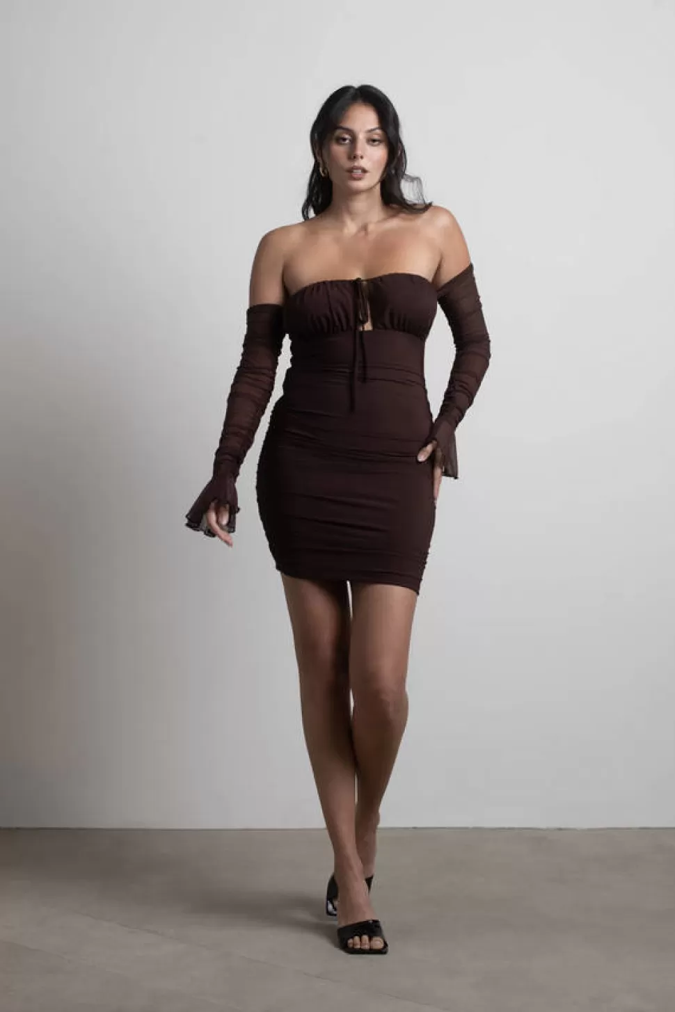 Bodycon Dresses*Tobi Have Fun Off Shoulder Mesh Bodycon Mini Dress Brown