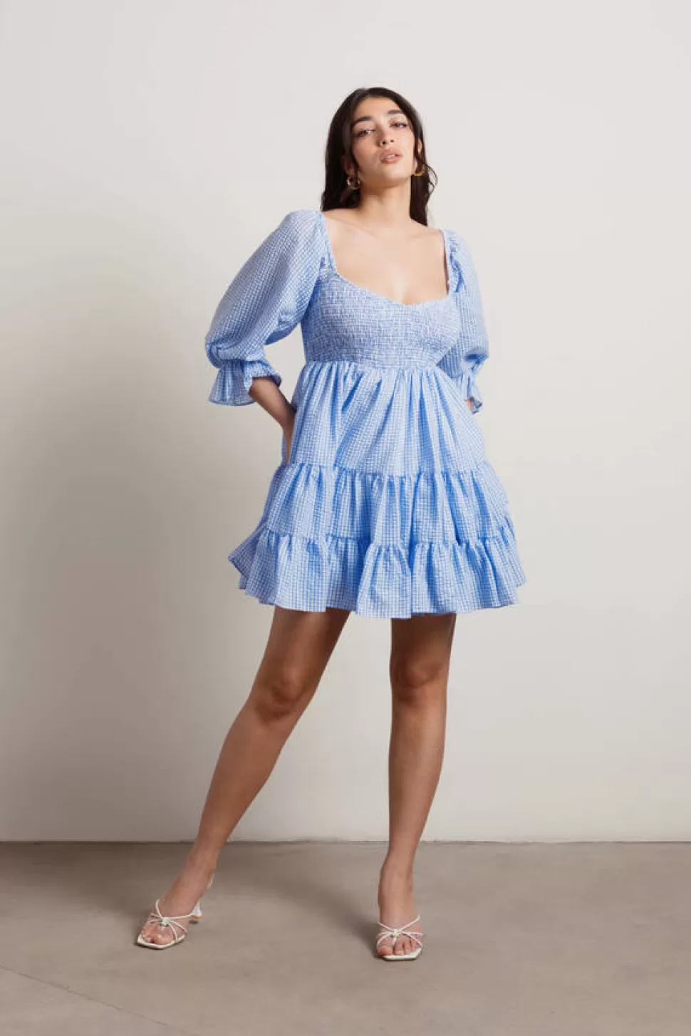 Boho Dresses*Tobi Hello There Gingham Ruffled Tier Babydoll Dress Blue