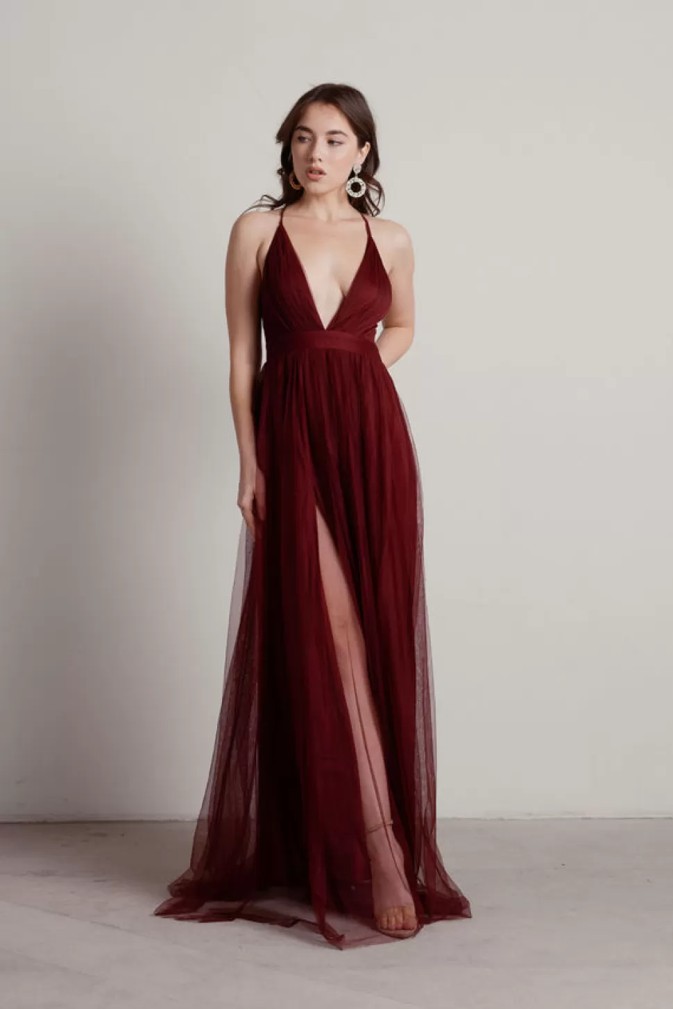 Black Tie & Evening Dresses*Tobi Here To Slay Plunging Maxi Dress Wine | Navy | White | Blush