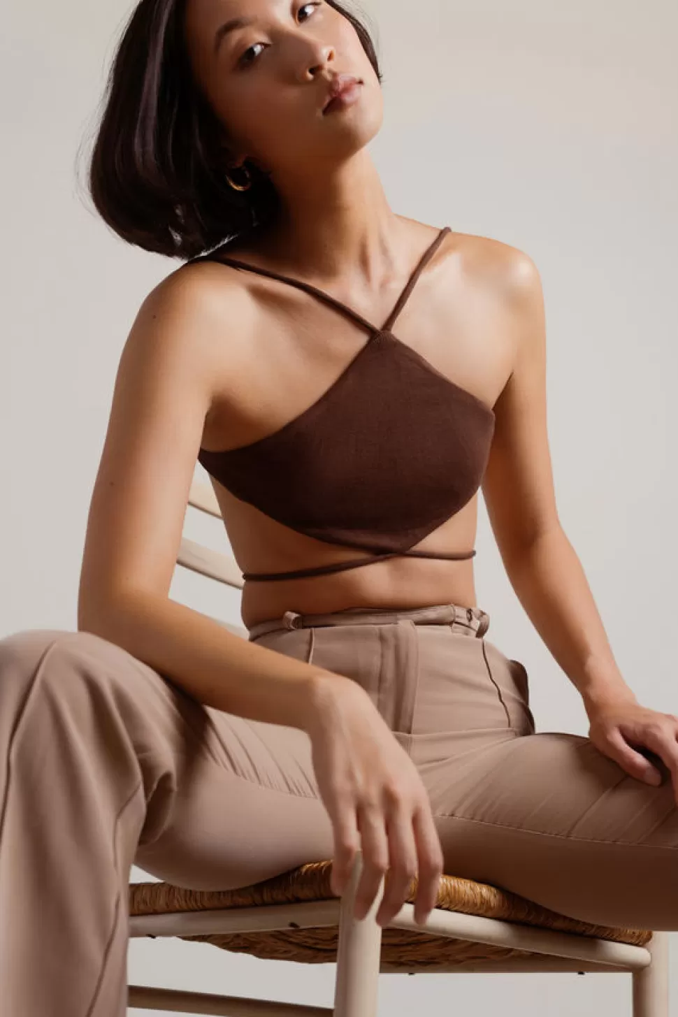 Sexy Tops*Tobi High Road Halter Waist Ties Crop Tank Top Brown