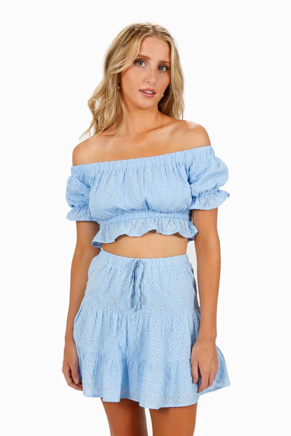 Puff Sleeve Tops*Tobi Himalia Crop Top And Tiered Skater Skirt Set Blue