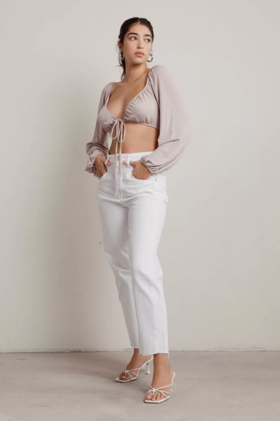 Puff Sleeve Tops*Tobi Iduna Tie Front Puff Long Sleeve Bra Crop Top Taupe