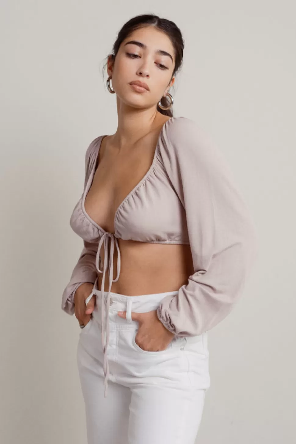 Puff Sleeve Tops*Tobi Iduna Tie Front Puff Long Sleeve Bra Crop Top Taupe