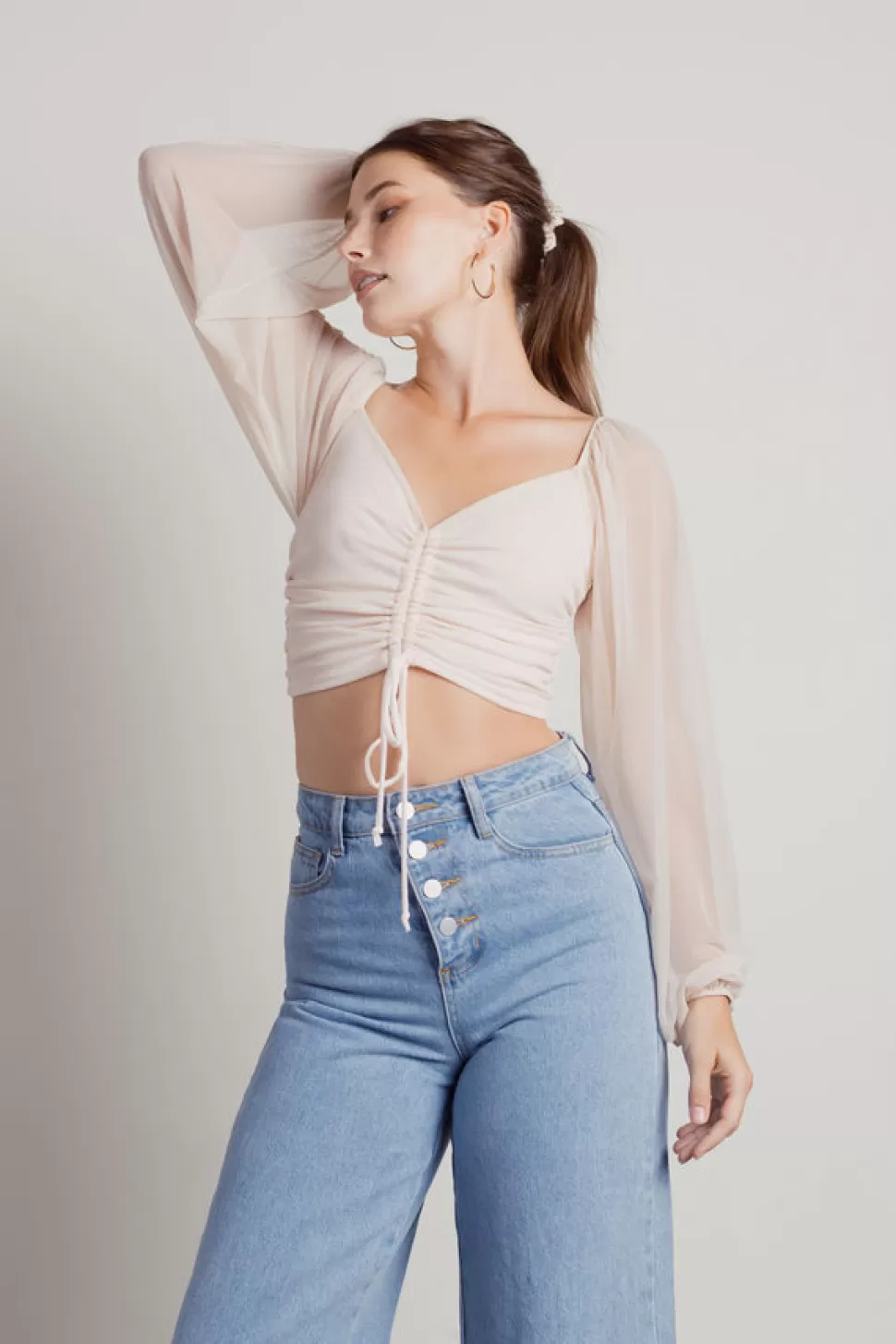 Mesh Tops*Tobi In The Abyss Ruched Mesh Crop Top Cream | Green