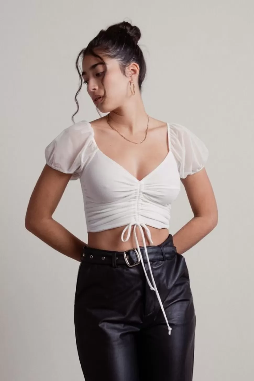 Puff Sleeve Tops*Tobi In The Way Ruched Puff Sleeve Mesh Crop Top White