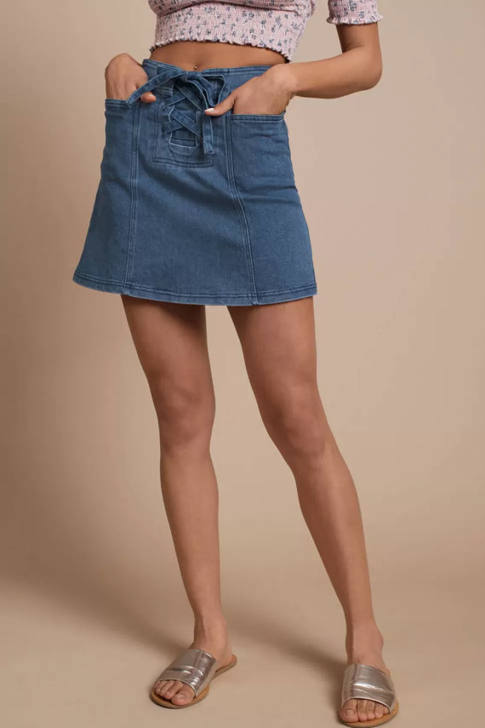 Skirts*Tobi Inverse Lace Up Denim Skirt Blue