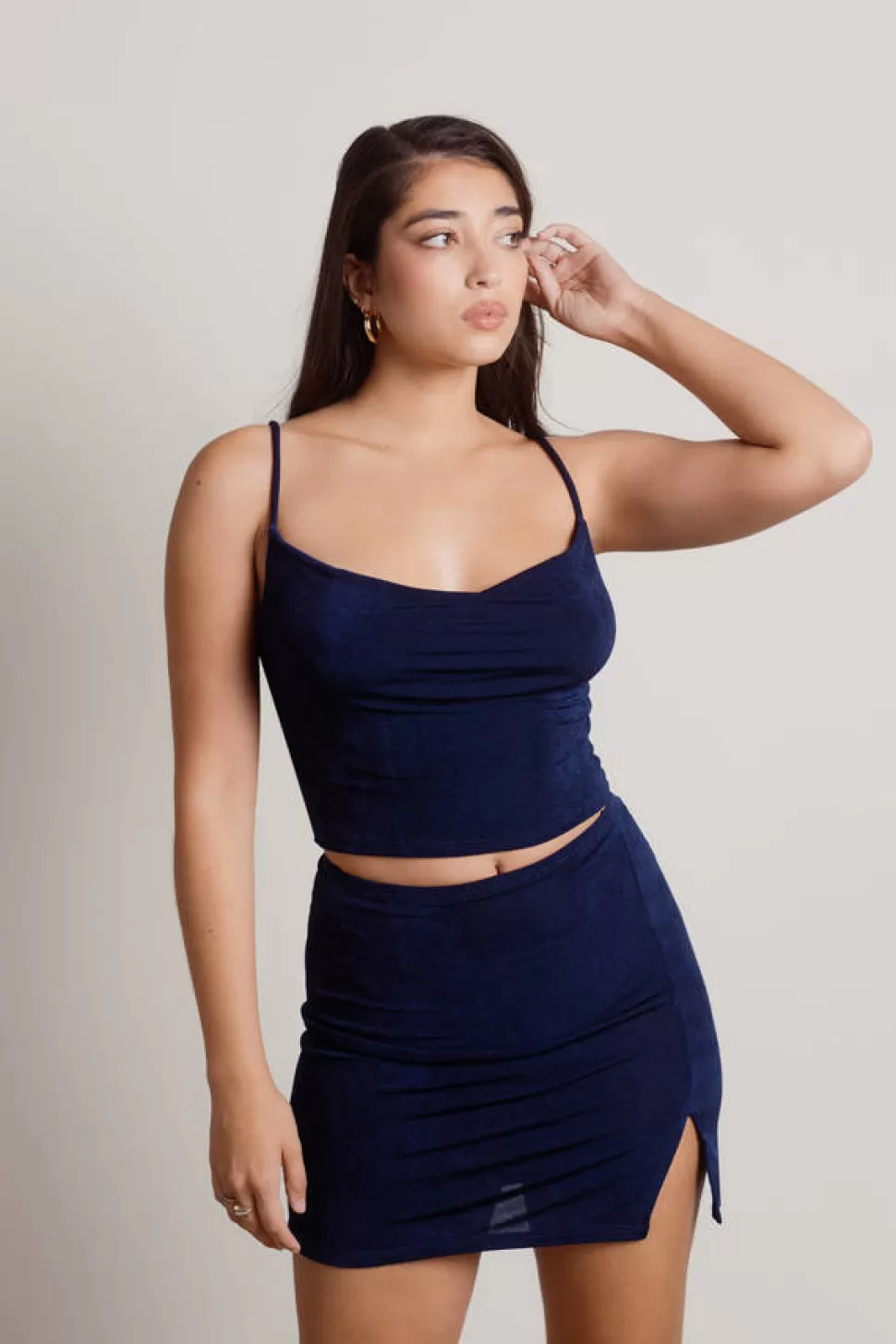 Two Piece Dresses*Tobi Invite Me Cowl Neck Crop Top And Skirt Set Navy | Wine | Pink