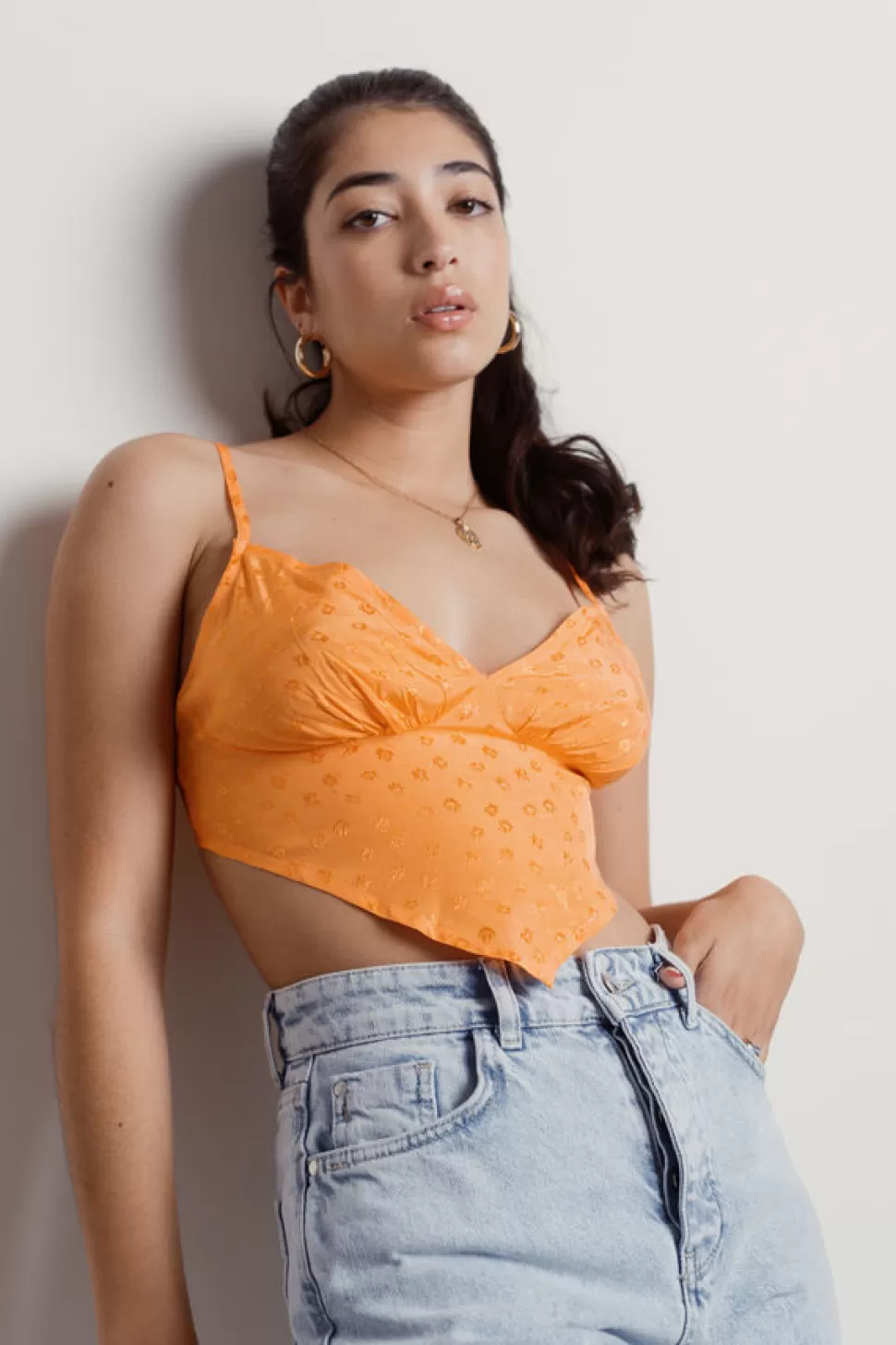 Backless Tops*Tobi Ira Satin Jacquard Floral Handkerchief Crop Top Orange