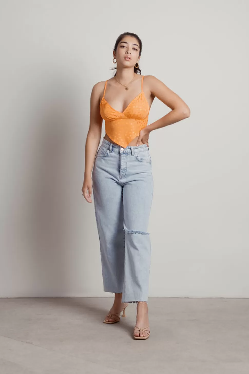 Backless Tops*Tobi Ira Satin Jacquard Floral Handkerchief Crop Top Orange