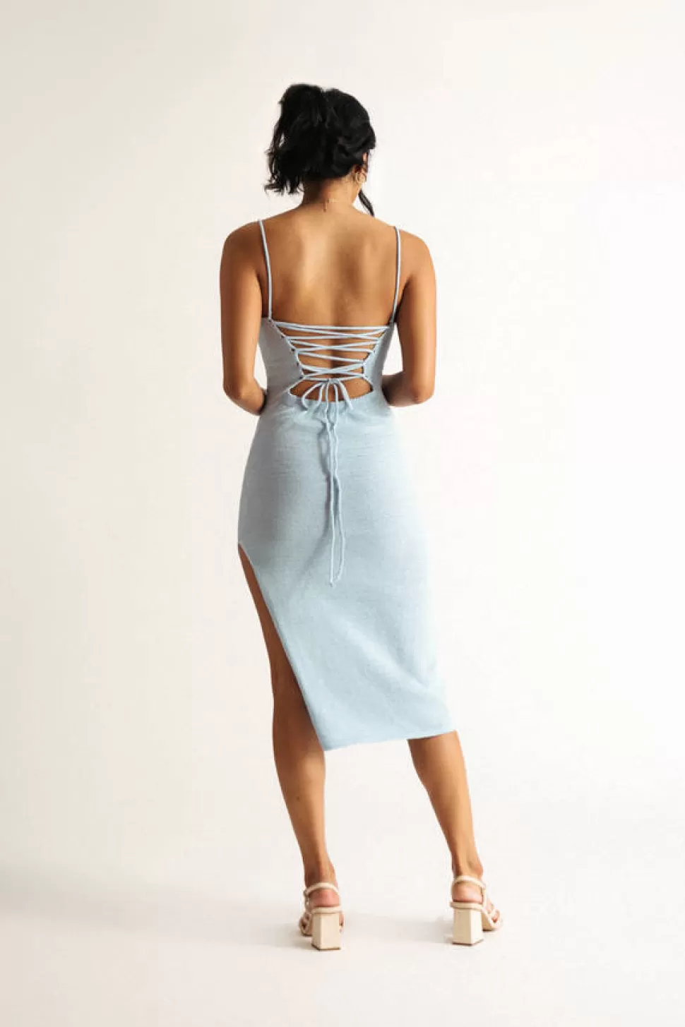 Bodycon Dresses*Tobi Island Sun Knit Lace-Up Back Slit Midi Dress Blue