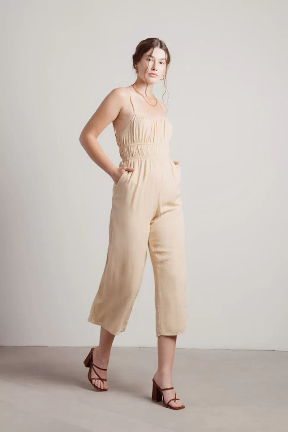 Rompers & Jumpsuits*Tobi Isonoe Ruched Shoulder Ties Culottes Jumpsuit Beige Gold