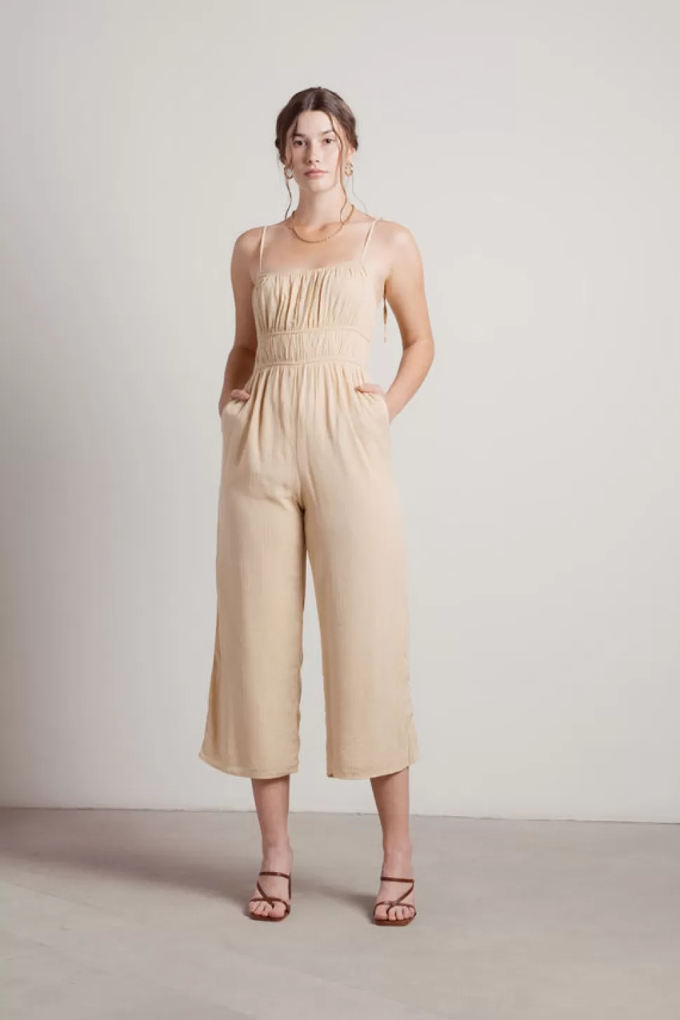 Rompers & Jumpsuits*Tobi Isonoe Ruched Shoulder Ties Culottes Jumpsuit Beige Gold