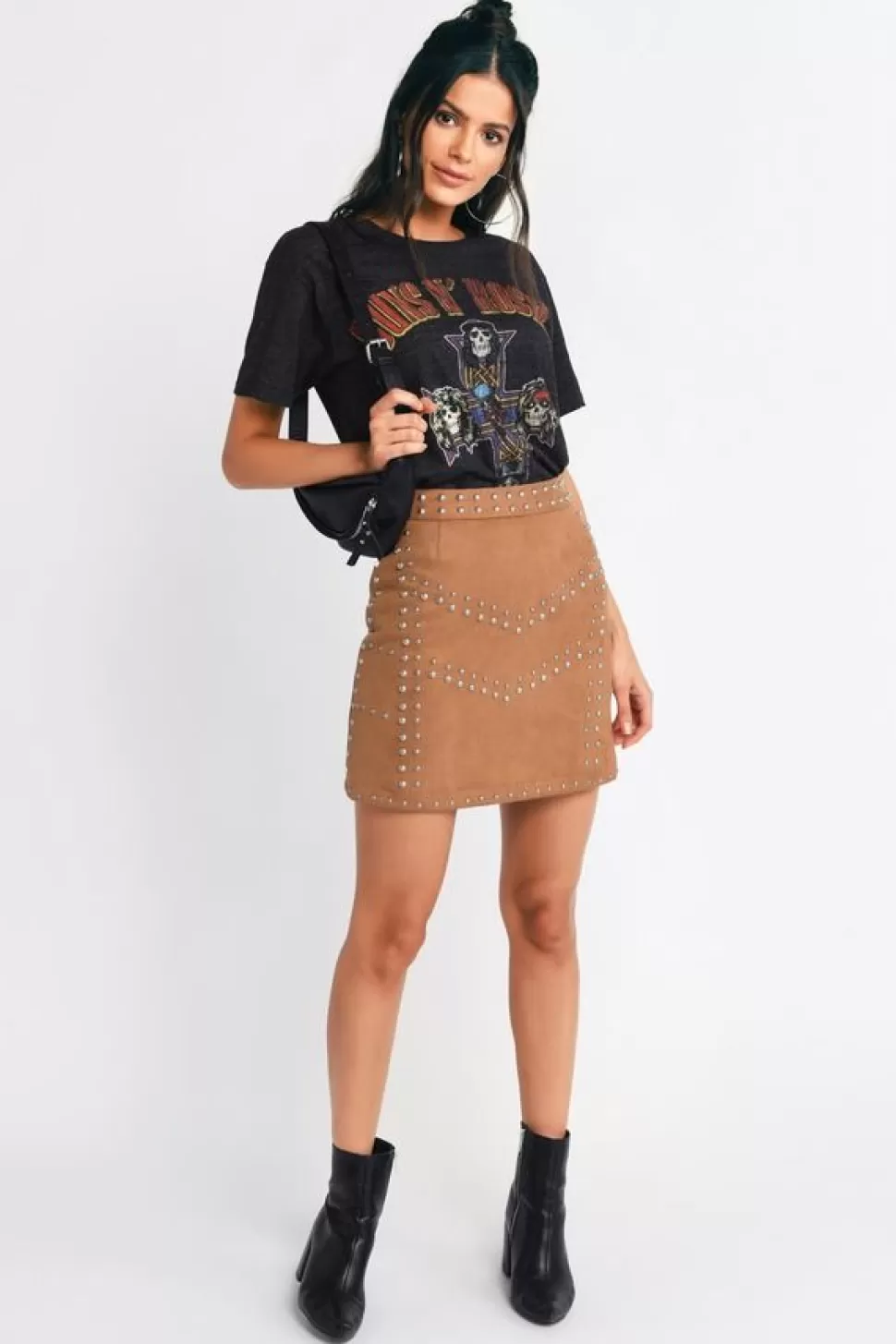 Skirts*Tobi Jeannette Studded Faux Suede A-Line Skirt Camel | Olive