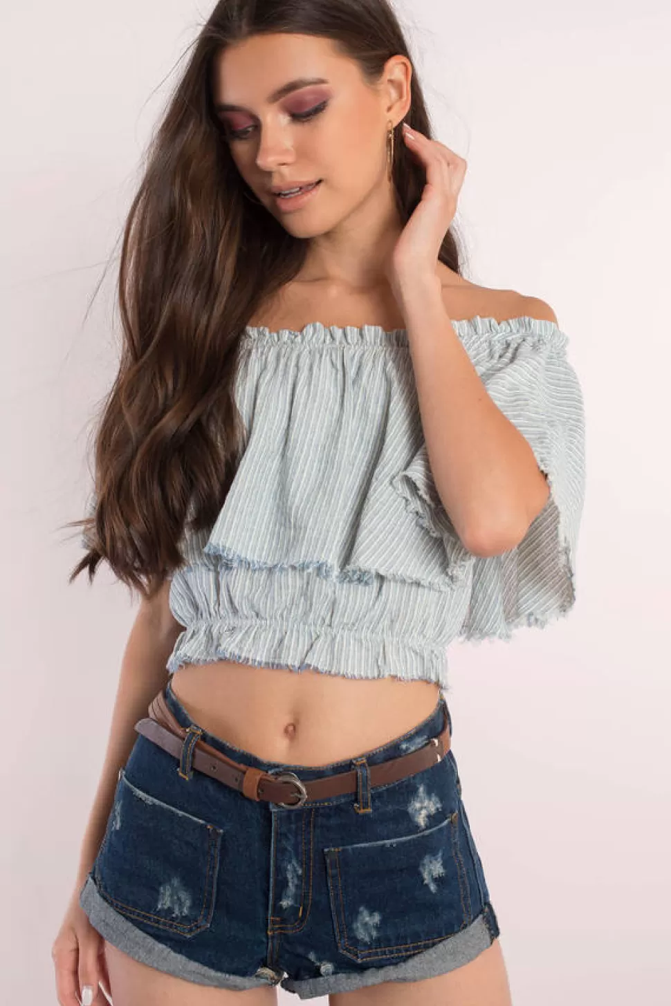 Going Out Tops*Tobi Jennifer Striped Off Shoulder Crop Top Blue & White