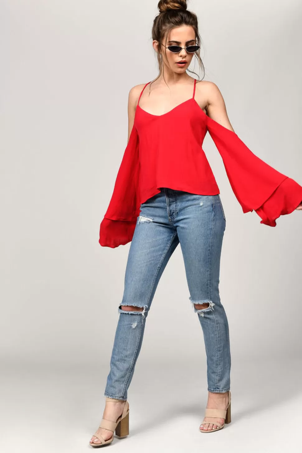 Red Tops*Tobi Jillian Cold Shoulder Blouse Red