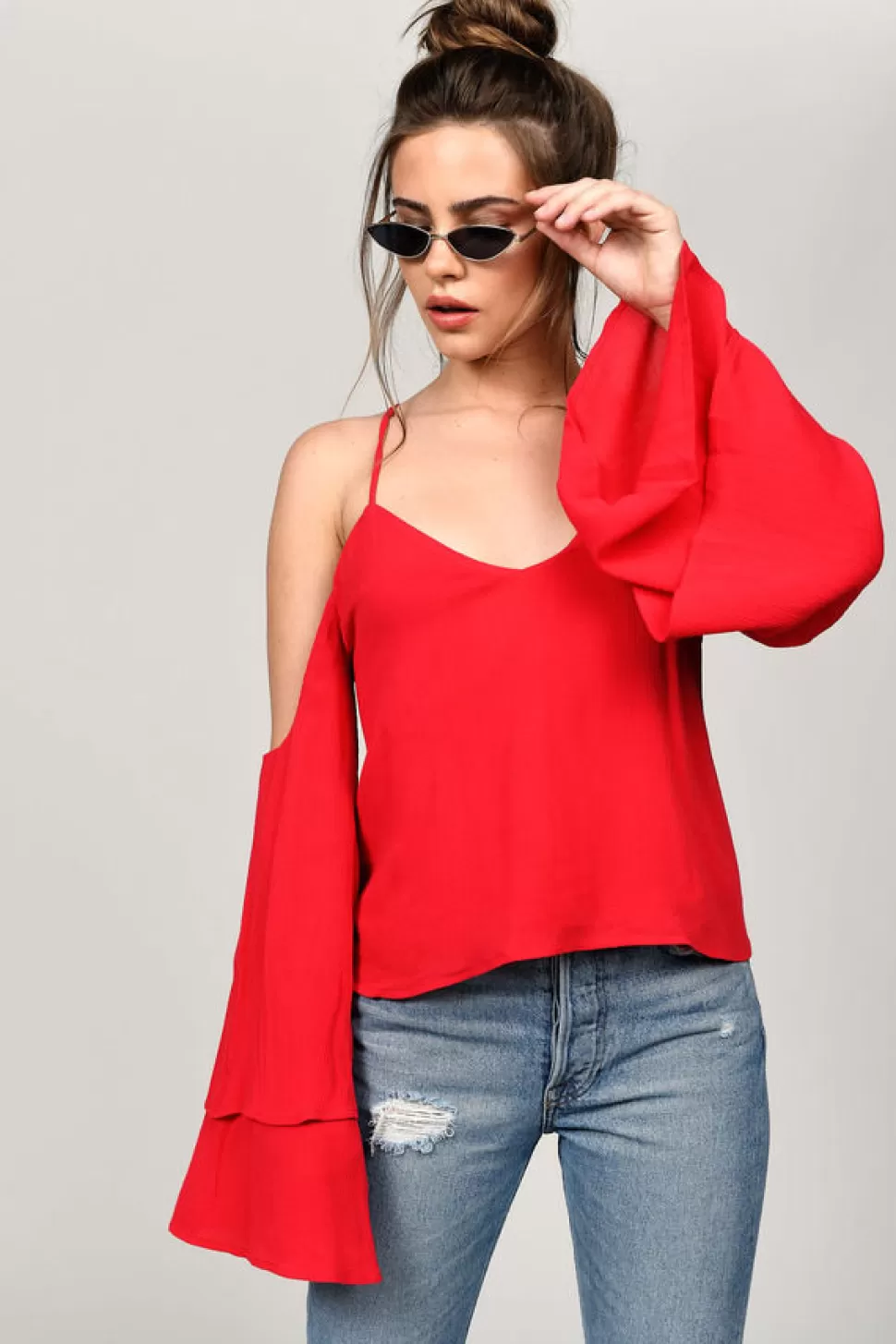 Red Tops*Tobi Jillian Cold Shoulder Blouse Red