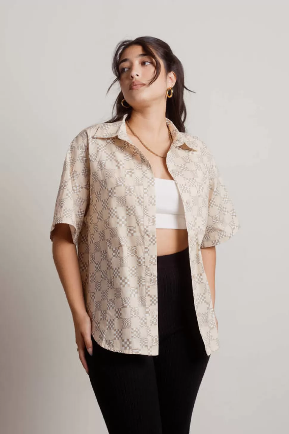 Blouses & Shirts*Tobi Joline Checkered Collared Top Beige