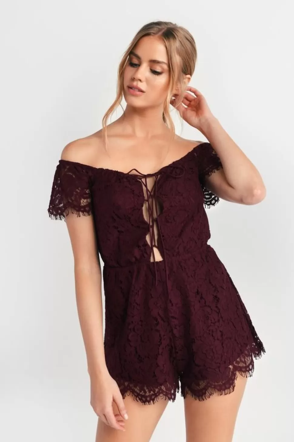 Rompers & Jumpsuits*Tobi Julie Off Shoulder Lace Up Romper Merlot | Blue | Ivory