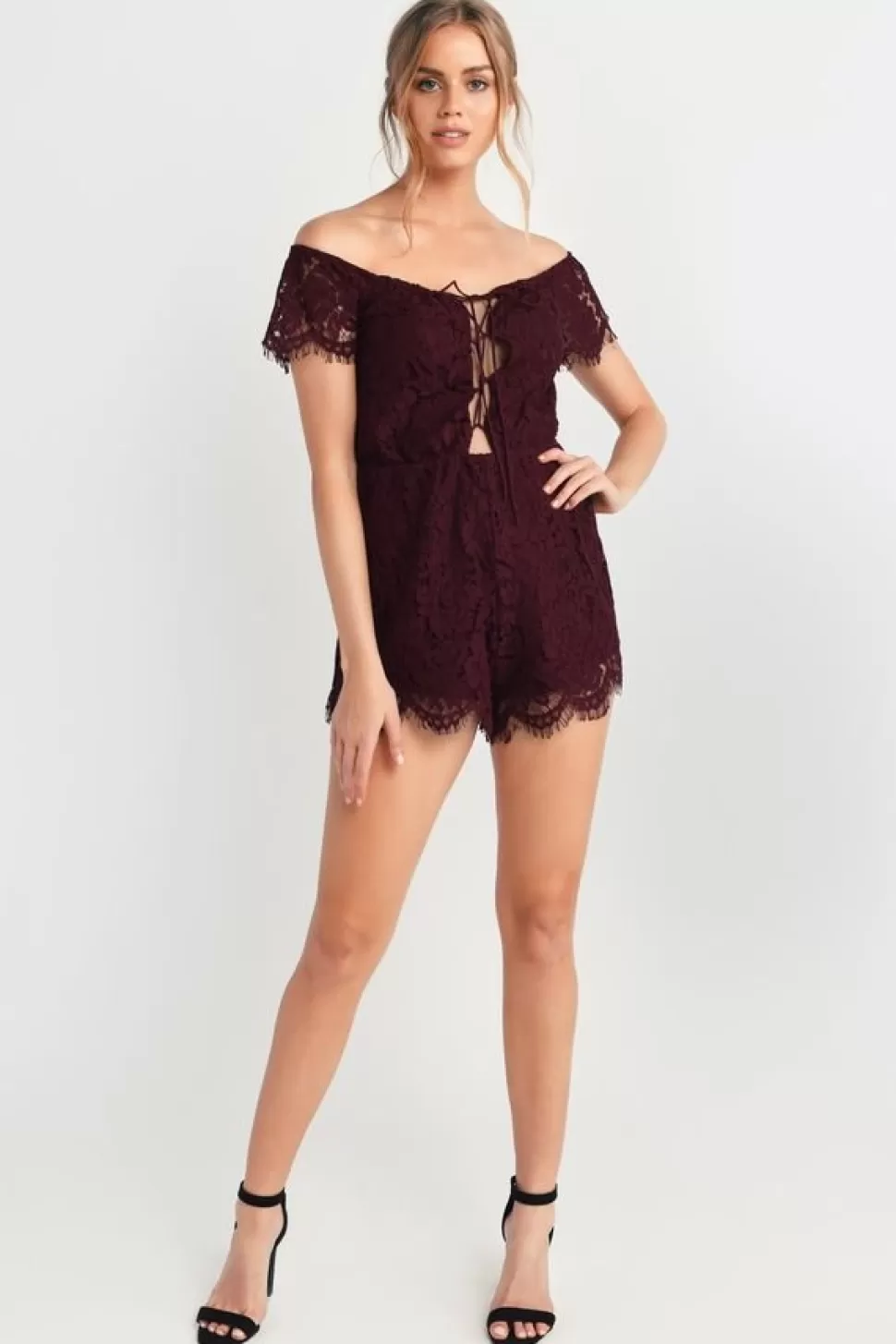 Rompers & Jumpsuits*Tobi Julie Off Shoulder Lace Up Romper Merlot | Blue | Ivory