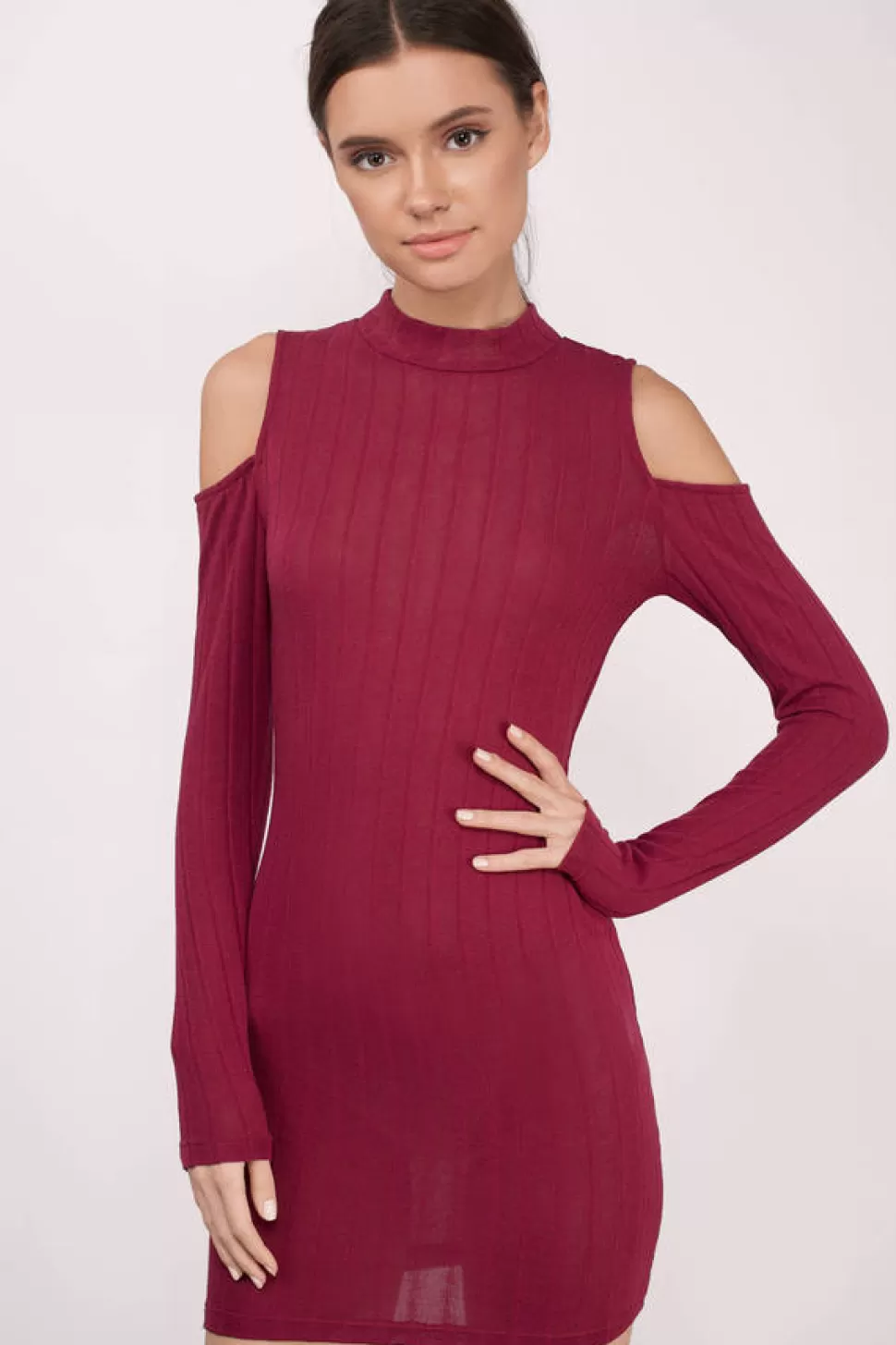 Casual Dresses*Tobi Juliette Cold Shoulder Ribbed Long Sleeve Bodycon Dress Wine